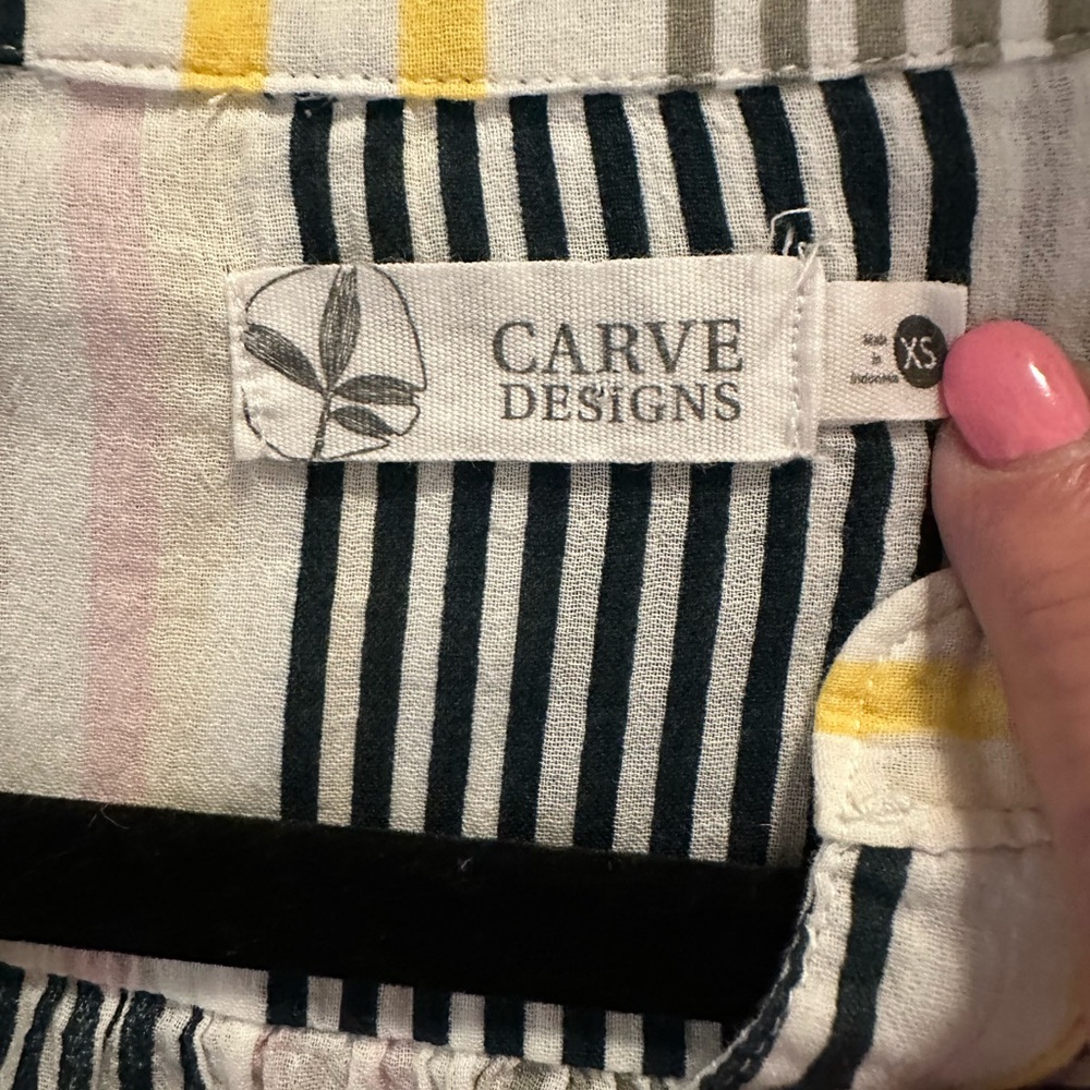 Carve Designs Organic Cotton Stripe Blouse XS Navy Yellow White Coastal Top EUC - Picture 7 of 7